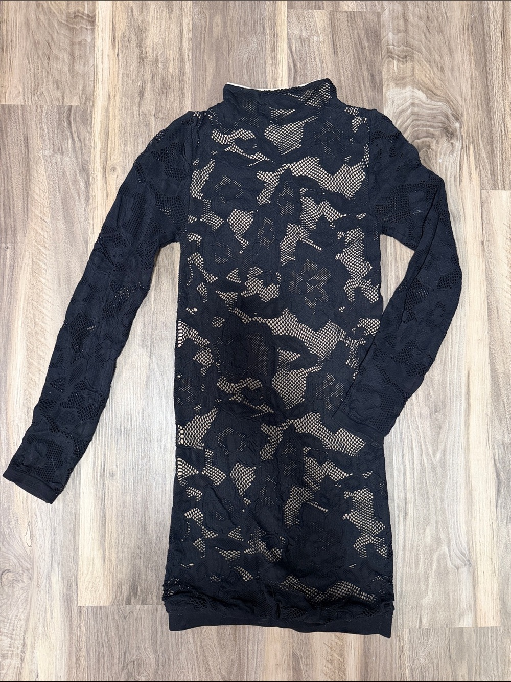 bebe Black Floral Lace Long Sleeve Mini Dress turtleneck